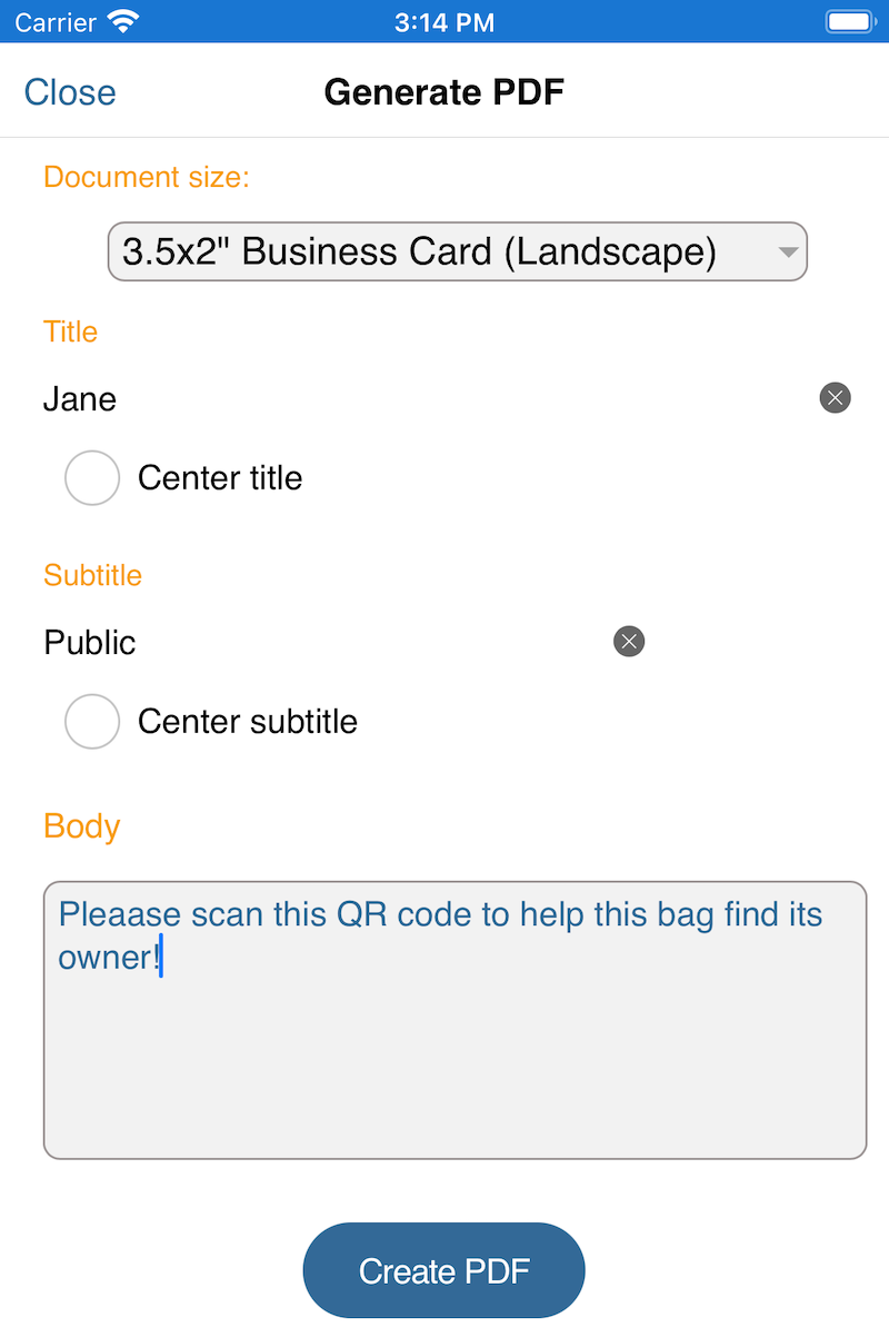 Use the PDF creator to design your label