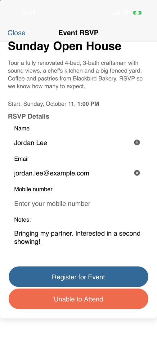 The RSVP form with name, email, mobile number and notes filled in