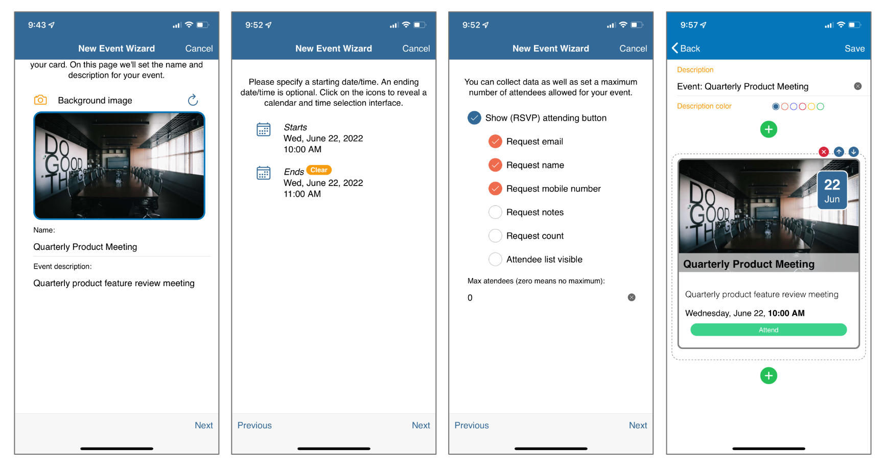 The event wizard will help create an event in just a few steps