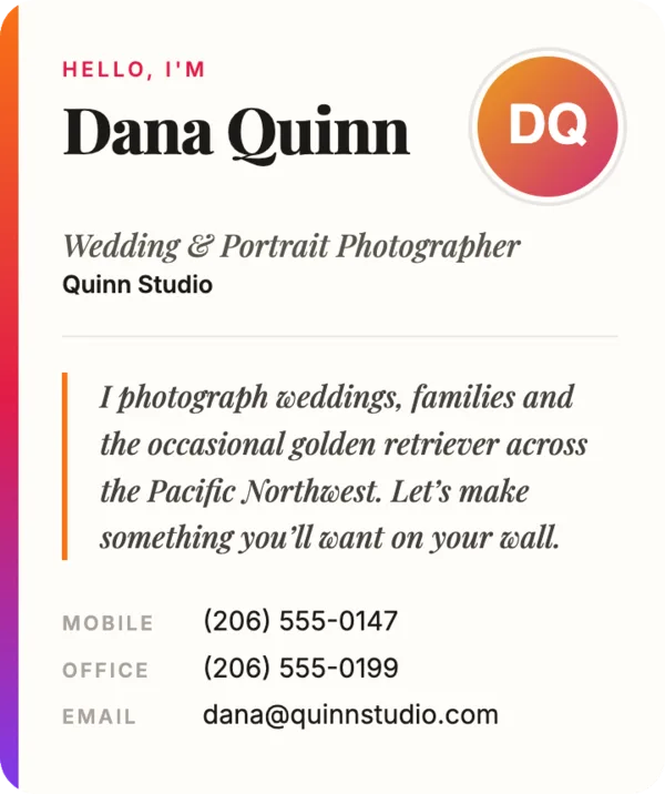 The Editorial design: a large serif name and an about text pull-quote