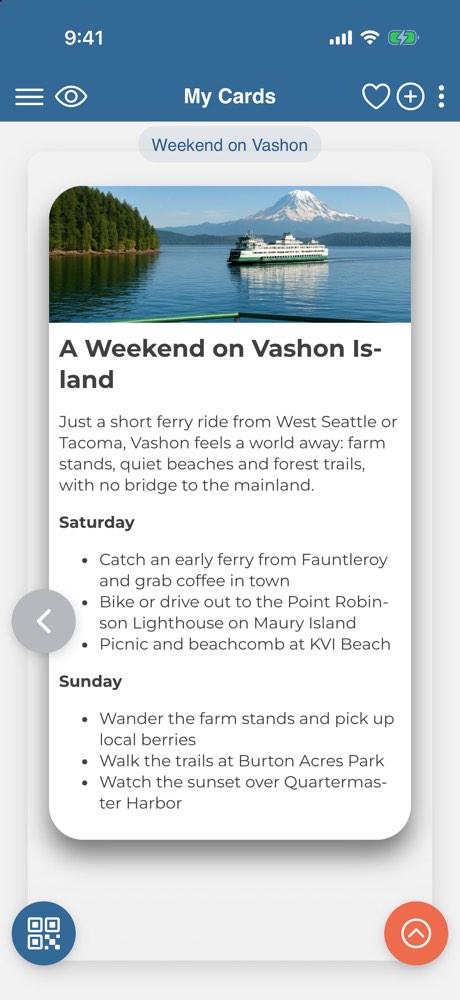 Story card: A Weekend on Vashon Island, with a ferry banner and a Saturday and Sunday itinerary