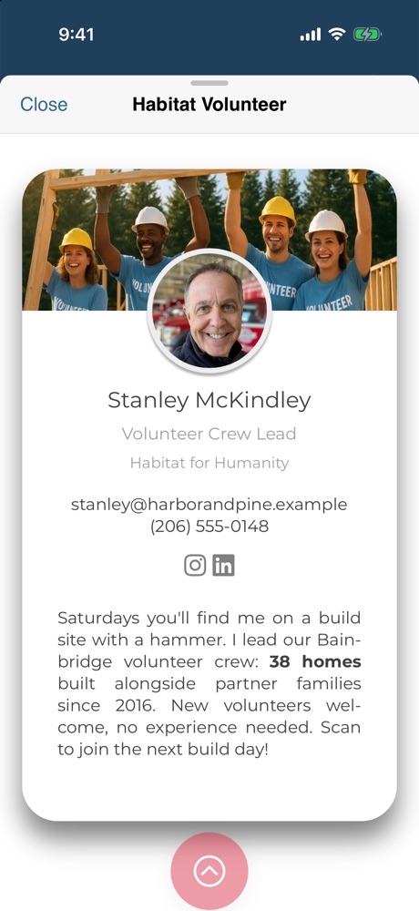Stanley's volunteer card: Crew Lead at Habitat for Humanity
