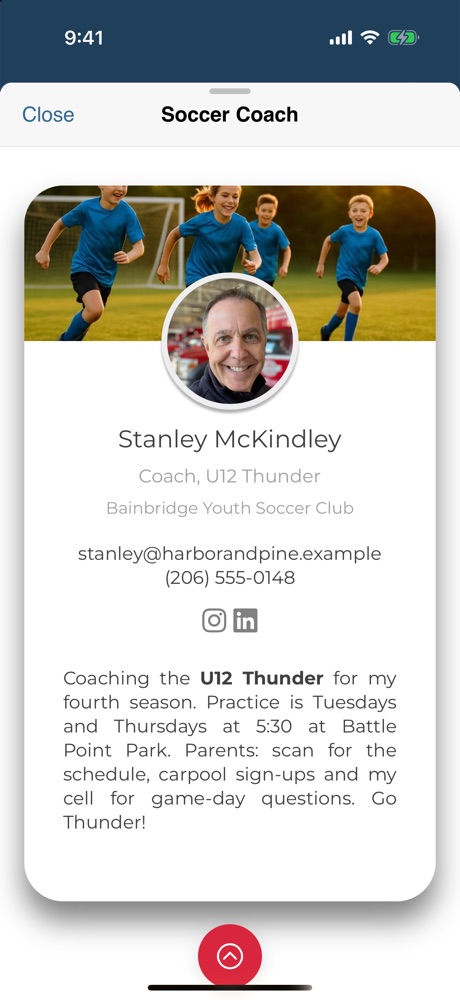 Stanley's coaching card: Coach of the U12 Thunder youth soccer team