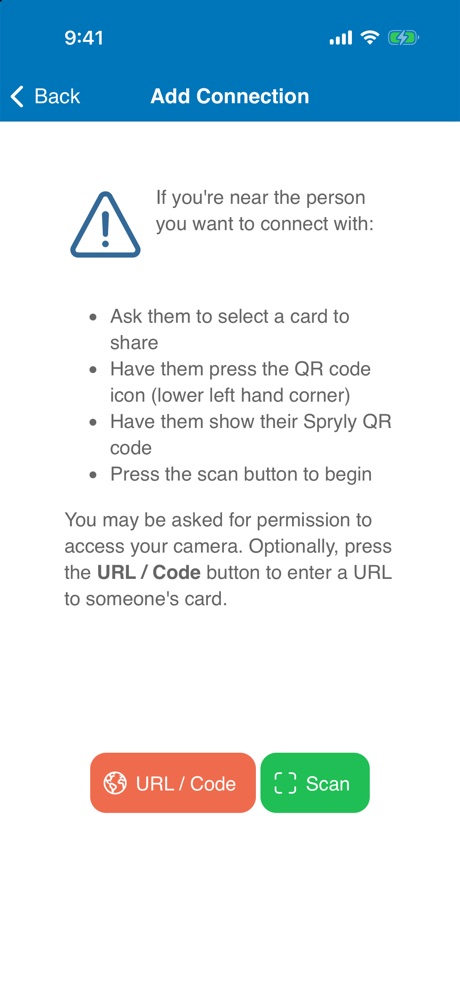 The Add Connection screen: scan someone’s QR code or enter their card link